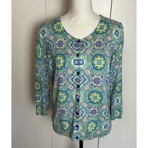 Talbots Women’s Colorful geo print 3/4 sleeve  button up Cardigan Sweater Sz L